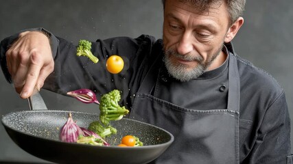 Chef skillfully tossing vibrant vegetables in a frying pan, showcasing culinary expertise and dynamic motion, with a focus on fresh ingredients and cooking technique, camera captures action