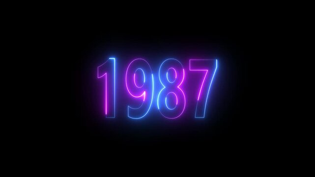 Neon glowing numbers 1987 in pink and blue on black background year