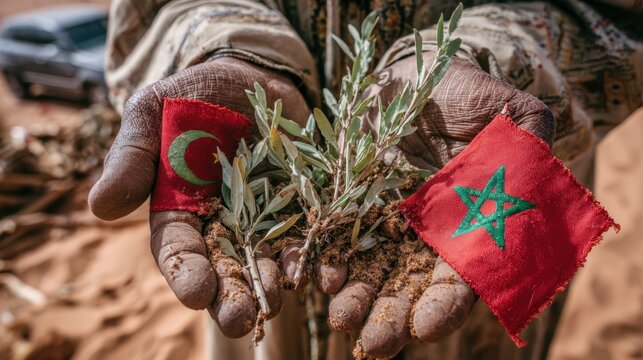 Hands holding soil a plant seedling and flags of Turkey and Morocco growth - Powered by Adobe