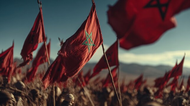 Multiple red flags with green stars wave in a dry rocky landscape under a clear blue sky