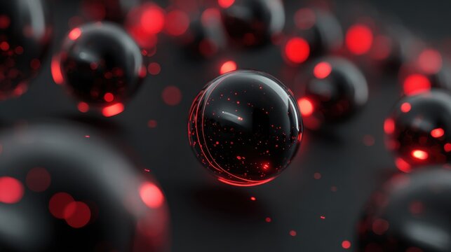 Many black spheres with red glowing particles and lights are arranged on a dark surface