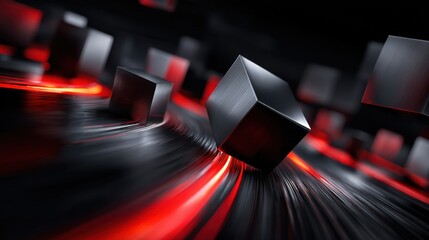 Metallic cubes with red glowing light streaks on a dark reflective surface