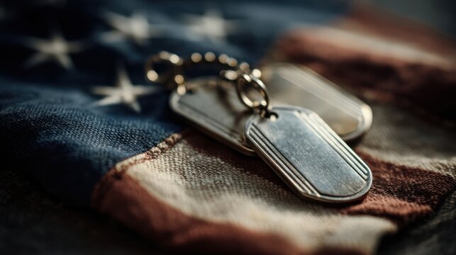 Two metallic dog tags rest on the textured fabric of an American flag military - Powered by Adobe