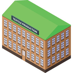 Isometric illustration of a multi story textile production factory building with a green roof and numerous windows under a bright sky