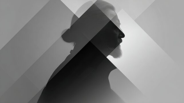 Side profile silhouette of a man with a beard and tied back hair superimposed over abstract geometric shapes