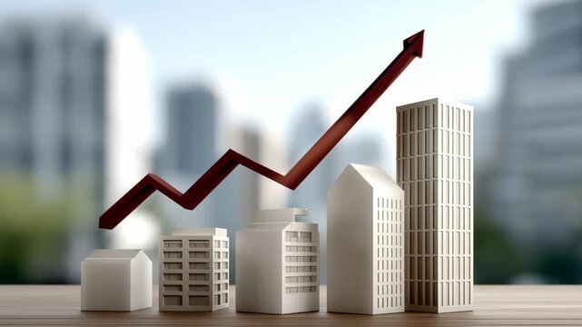 Dynamic visual representation of growth with white architectural models and a rising graph line, showcasing progression and development, camera pans across the scene to highlight details