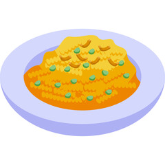 Isometric illustration of a light purple plate filled with a golden-orange dish topped with green peas and a textured surface a simple and clean design perfect for food-related concepts