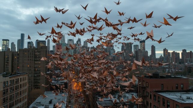 Paper airplanes filling the sky above a city landscape