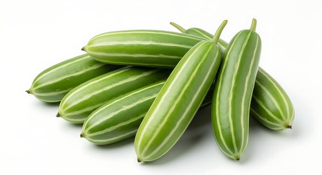 Pile of Fresh Green Pointed Gourd Vegetables with White Stripes on White Background food