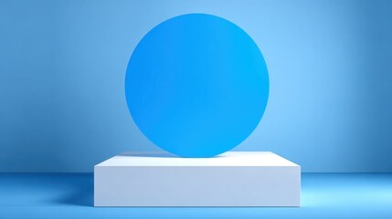 A blue sphere rests on a white rectangular podium against a gradient blue background