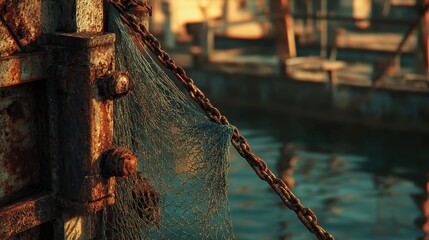 Rusty chain and fishing net on a pier in sunlight