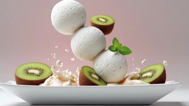 Floating ice cream spheres balanced on a plate, surrounded by kiwi slices and cream, showcasing a dynamic dessert scene with a gradual zoom in on the delicious arrangement