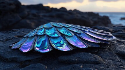 Stacked smooth abalone shell segments with iridescent colors arranged on dark rocks with a cloudy sky background