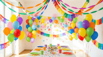 Colorful party decorations with balloons streamers and a set table ready for a celebration