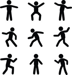 Simple black stick figures in various dynamic poses arranged in a grid formation
