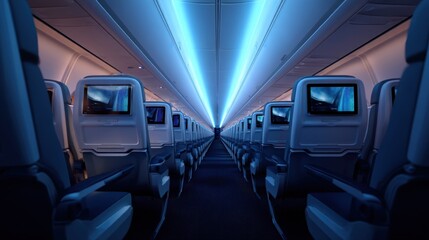 Empty airplane cabin with blue ambient lighting and entertainment screens on seat backs. Modern air travel interior for comfortable journey.