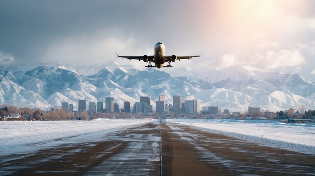 Airplane taking off from a snowy runway with a city and snow-capped mountains in the background, symbolizing departure and winter travel.