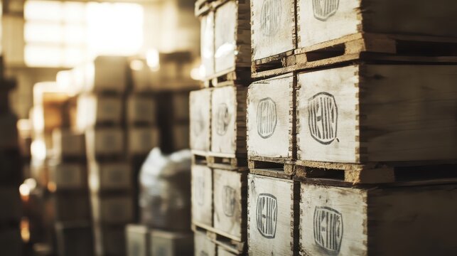 Stacked wooden crates with stenciled shipping marks in a dimly lit warehouse