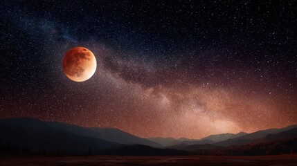 Red blood moon in total lunar eclipse with milky way galaxy and mountain range. Natural celestial event and night sky astronomical phenomenon.