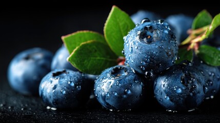 Close up of fresh blueberry with water drops. Healthy food concept for a recipe or cooking blog design. Diet and vitamin supply.