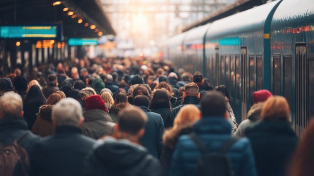 Crowd of people walking on a train station platform. Mass public transport and commuting for everyday travel and urban lifestyle. - Powered by Adobe