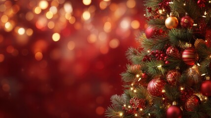 Christmas tree branch decorated with red and gold ornament and lights. Holiday background with bokeh for festive celebration and greeting card.