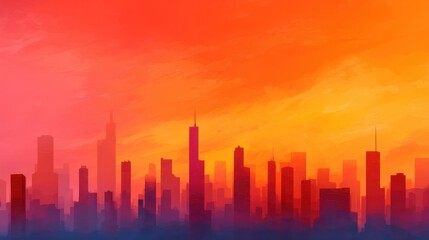 Fototapeta premium Stylized silhouette of city skyline against vibrant orange sunset sky. Urban landscape for modern design and digital background.