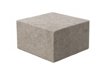 Gray concrete block or cement cube on transparent background, showing textured surface for construction material or heavy object concept