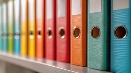 Colorful ring binders on a shelf. Office document organization and administrative task management concept. Filing system for business record keeping.