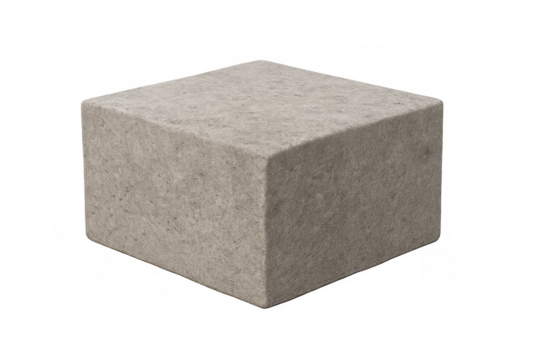 Gray concrete block or cement cube on transparent background, showing textured surface for construction material or heavy object concept
