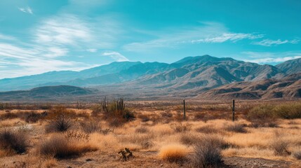 Desert landscape with mountain range under clear blue sky, dry grass, and cactus. Arid ecosystem representing nature and travel.