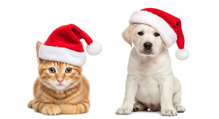 Cute Kitten and Puppy in Santa Hats on White Background -Christmas Pets