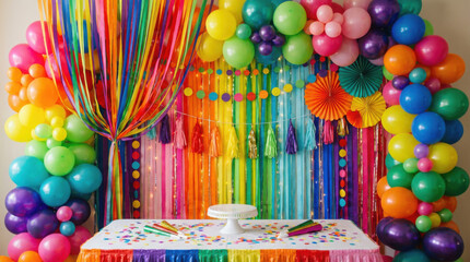 Vibrant rainbow party backdrop with balloons streamers tassels and a decorated table setup