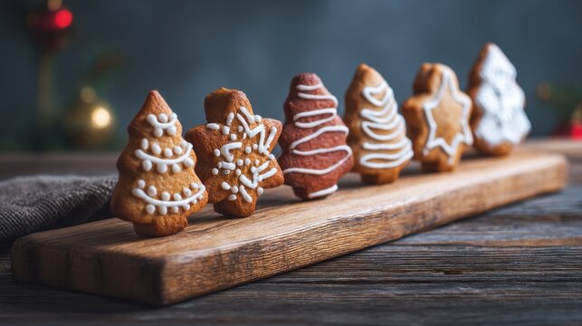 Festive gingerbread cookies in Christmas tree and star shapes decorated with white icing on a wooden board. Holiday season dessert for Christmas.