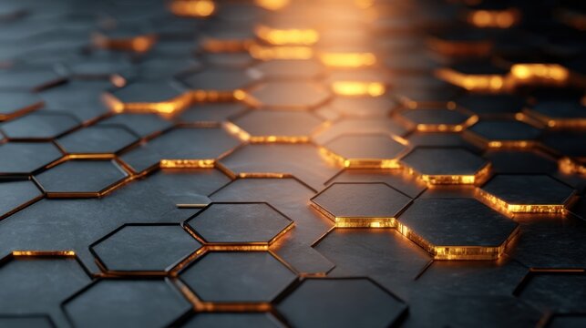 Interconnected hexagon grid with glowing orange light. Abstract background representing technology, data, network. Digital concept for innovation.