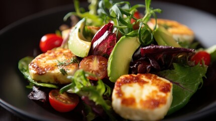 Halloumi salad with grilled cheese, avocado, and fresh cherry tomato. Healthy and Mediterranean food for restaurant menu or cooking blog.