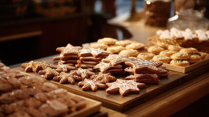 Assortment of decorated gingerbread cookies on a wooden table, featuring star and snowflake shapes. Dessert for Christmas and New Year celebration.