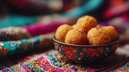 Bowl of delicious Indian laddoo dessert with colorful sprinkles on a vibrant traditional fabric background. Sweet treat for festival celebration or special occasion.