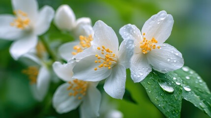 Fototapeta premium White jasmine flower with dew drop on green leaf. Fresh garden blossom with water bead for natural beauty and spring concept.