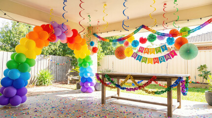 Outdoor covered patio decorated with rainbow balloons streamers confetti and a Happy Birthday banner