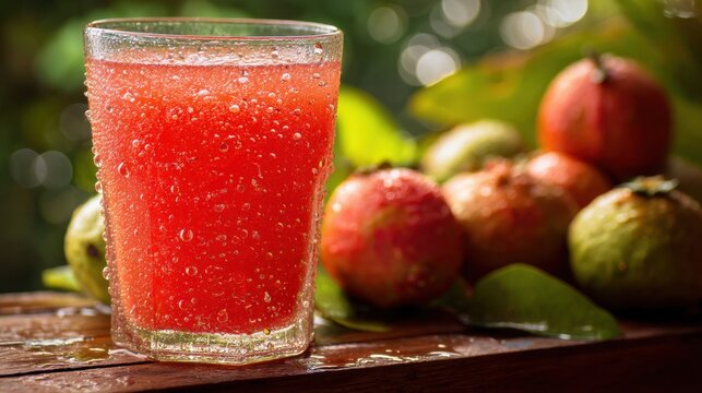 Vibrant red guava juice in a cold glass with water droplets, fresh guava fruit nearby, on a wooden surface, ready for a refreshing drink. - Powered by Adobe