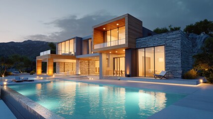 Modern luxury house with swimming pool at dusk. Contemporary residential building exterior with mountain background for architectural design concept.