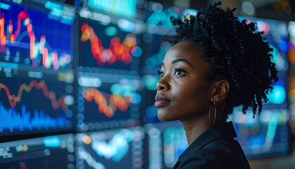 Black woman with natural hair looking up at multiple screens of graphs