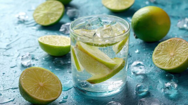Refreshing glass of sparkling water with lime slices and ice cubes on a blue background. Hydration and healthy drink concept for summer. - Powered by Adobe