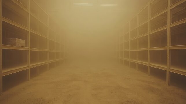 Vast rows of empty dust covered storage shelves in a dim neglected warehouse interior - Powered by Adobe