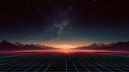 Retro digital grid landscape with mountains under starry night sky. Synthwave style virtual reality background for sci-fi and gaming concepts.