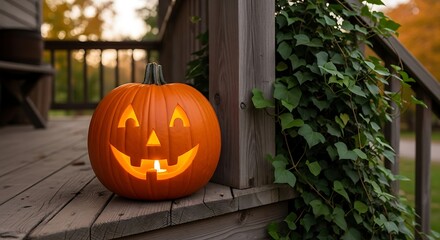Obraz premium Jack-o-lantern on Porch - Halloween Decoration and Festive Atmosphere.