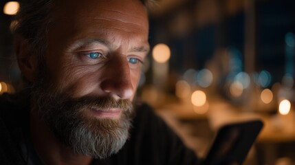 Man with a thoughtful expression is using a smartphone, illuminated by its screen, on a blurred bokeh background. Internet searching and social media concept.