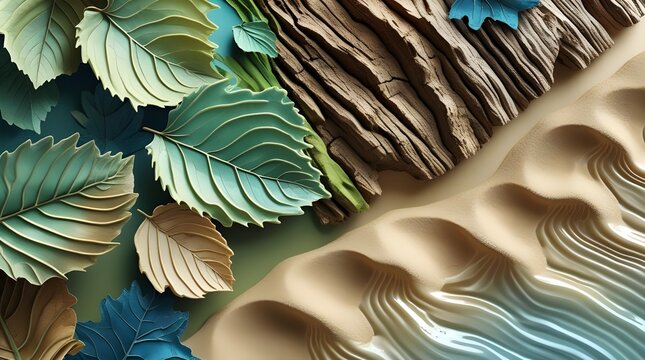 Creative still life art with leaves and wood on sand and liquid - Powered by Adobe