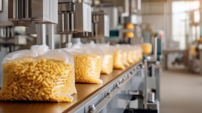 Bags of macaroni pasta moving on a conveyor belt in a food factory. Industrial production and packaging of dry pasta for mass consumption.